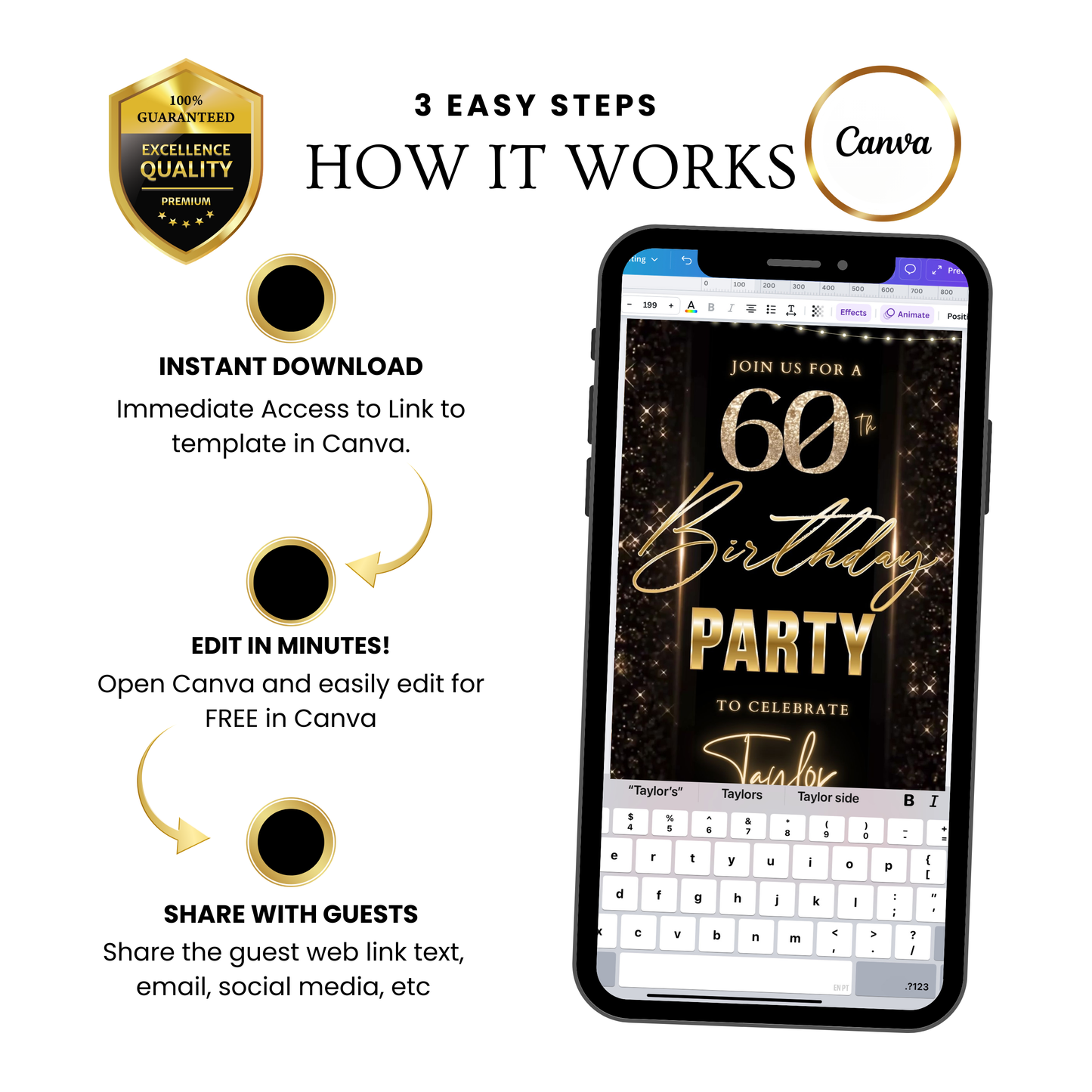 Editable black gold elegant 60th birthday birthday video invitation displayed on a mobile phone, featuring an animated vertical digital invite with music, created in Canva. This premium video invitation template is designed for sharing by text, email, and social media and works with an interactive RSVP website for easy guest response tracking.