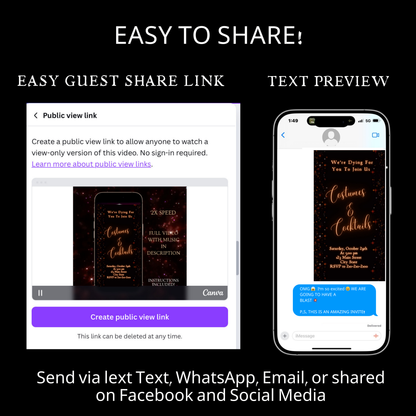 Editable sparkle halloween party party video invitation displayed on a mobile phone, featuring an animated vertical digital invite with music, created in Canva. This premium video invitation template is designed for sharing by text, email, and social media and works with an interactive RSVP website for easy guest response tracking.