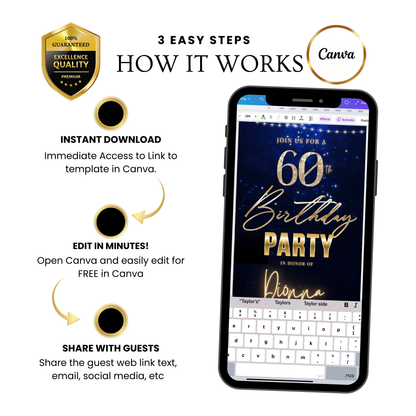 Editable royal blue gold elegant 60th birthday birthday video invitation displayed on a mobile phone, featuring an animated vertical digital invite with music, created in Canva. This premium video invitation template is designed for sharing by text, email, and social media and works with an interactive RSVP website for easy guest response tracking.
