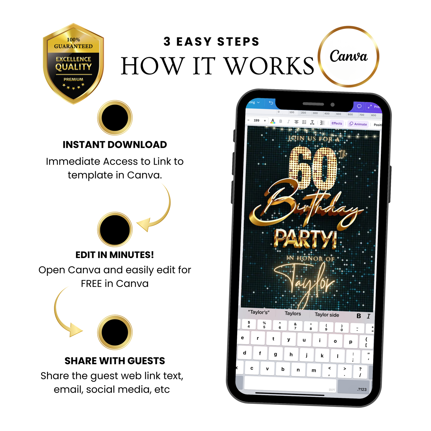 Editable teal gold disco 60th birthday birthday video invitation displayed on a mobile phone, featuring an animated vertical digital invite with music, created in Canva. This premium video invitation template is designed for sharing by text, email, and social media and works with an interactive RSVP website for easy guest response tracking.