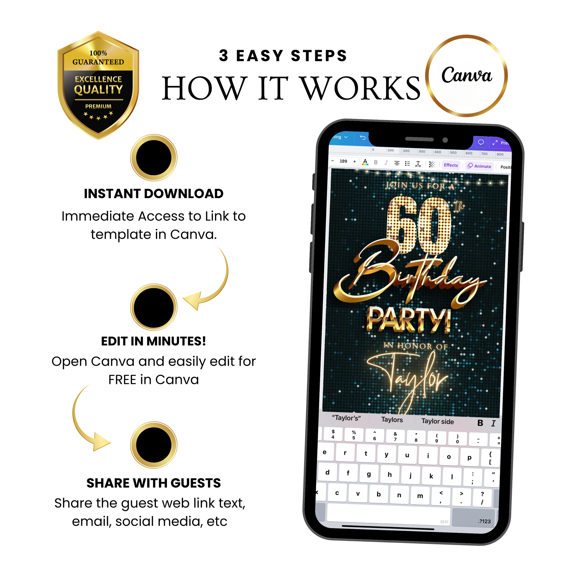 Editable teal gold disco 60th birthday birthday video invitation displayed on a mobile phone, featuring an animated vertical digital invite with music, created in Canva. This premium video invitation template is designed for sharing by text, email, and social media and works with an interactive RSVP website for easy guest response tracking.