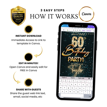 Editable teal gold disco 60th birthday birthday video invitation displayed on a mobile phone, featuring an animated vertical digital invite with music, created in Canva. This premium video invitation template is designed for sharing by text, email, and social media and works with an interactive RSVP website for easy guest response tracking.