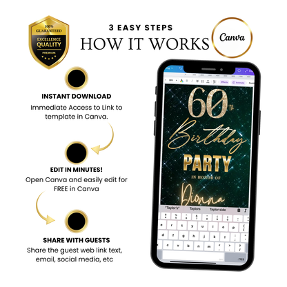 Editable teal glam 60th birthday birthday video invitation displayed on a mobile phone, featuring an animated vertical digital invite with music, created in Canva. This premium video invitation template is designed for sharing by text, email, and social media and works with an interactive RSVP website for easy guest response tracking.