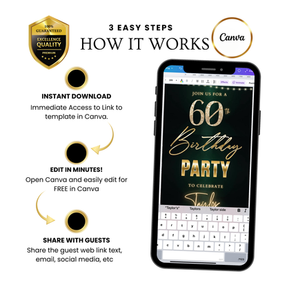 Editable dark emerald gold 60th birthday birthday video invitation displayed on a mobile phone, featuring an animated vertical digital invite with music, created in Canva. This premium video invitation template is designed for sharing by text, email, and social media and works with an interactive RSVP website for easy guest response tracking.