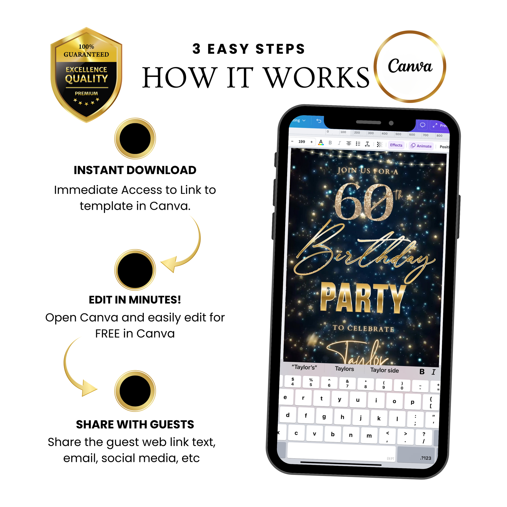 Editable teal gold star confetti 60th birthday birthday video invitation displayed on a mobile phone, featuring an animated vertical digital invite with music, created in Canva. This premium video invitation template is designed for sharing by text, email, and social media and works with an interactive RSVP website for easy guest response tracking.