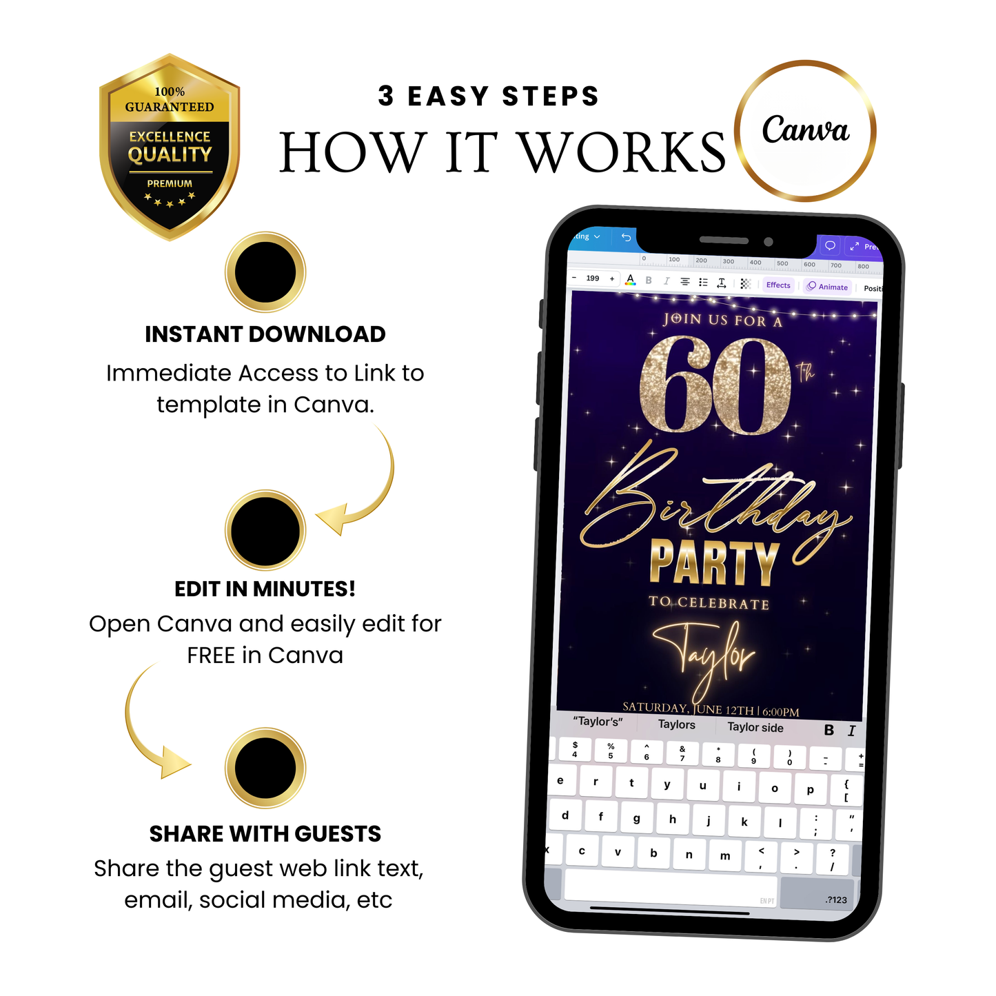 Editable purple gold starry 60th birthday birthday video invitation displayed on a mobile phone, featuring an animated vertical digital invite with music, created in Canva. This premium video invitation template is designed for sharing by text, email, and social media and works with an interactive RSVP website for easy guest response tracking.
