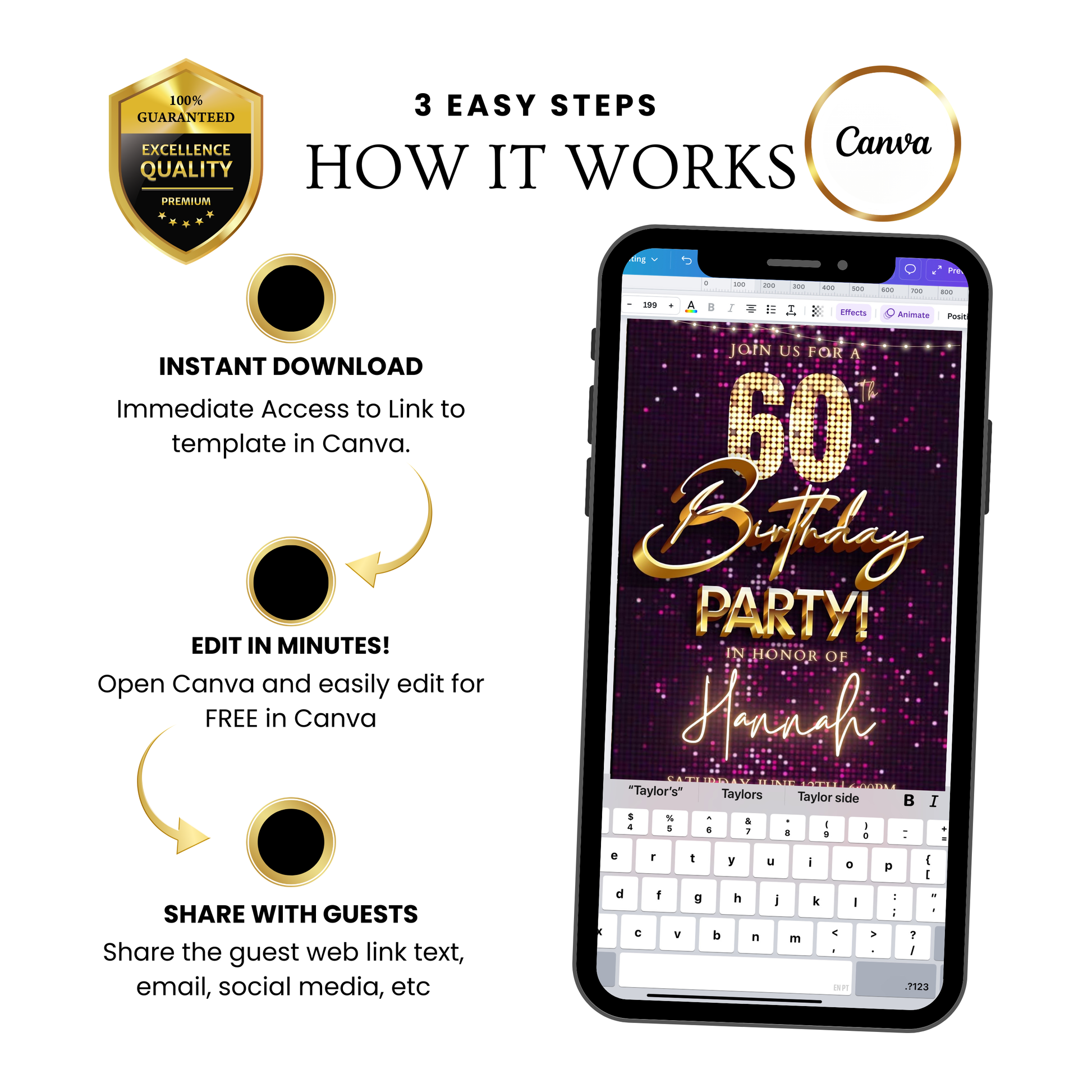 Editable violet sequin gold 60th birthday birthday video invitation displayed on a mobile phone, featuring an animated vertical digital invite with music, created in Canva. This premium video invitation template is designed for sharing by text, email, and social media and works with an interactive RSVP website for easy guest response tracking.