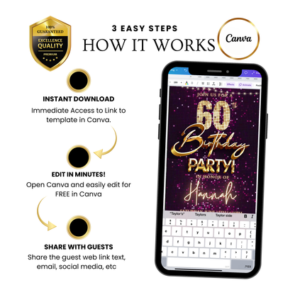 Editable violet sequin gold 60th birthday birthday video invitation displayed on a mobile phone, featuring an animated vertical digital invite with music, created in Canva. This premium video invitation template is designed for sharing by text, email, and social media and works with an interactive RSVP website for easy guest response tracking.