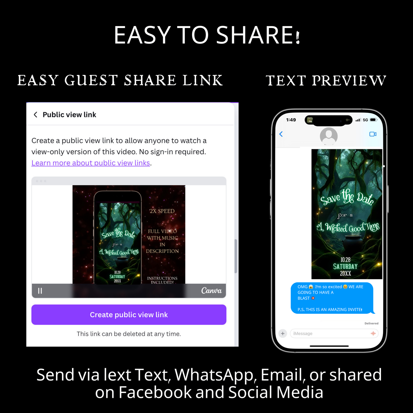 Editable abracadabra halloween party party video invitation displayed on a mobile phone, featuring an animated vertical digital invite with music, created in Canva. This premium video invitation template is designed for sharing by text, email, and social media and works with an interactive RSVP website for easy guest response tracking.