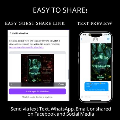 Editable abracadabra halloween party party video invitation displayed on a mobile phone, featuring an animated vertical digital invite with music, created in Canva. This premium video invitation template is designed for sharing by text, email, and social media and works with an interactive RSVP website for easy guest response tracking.