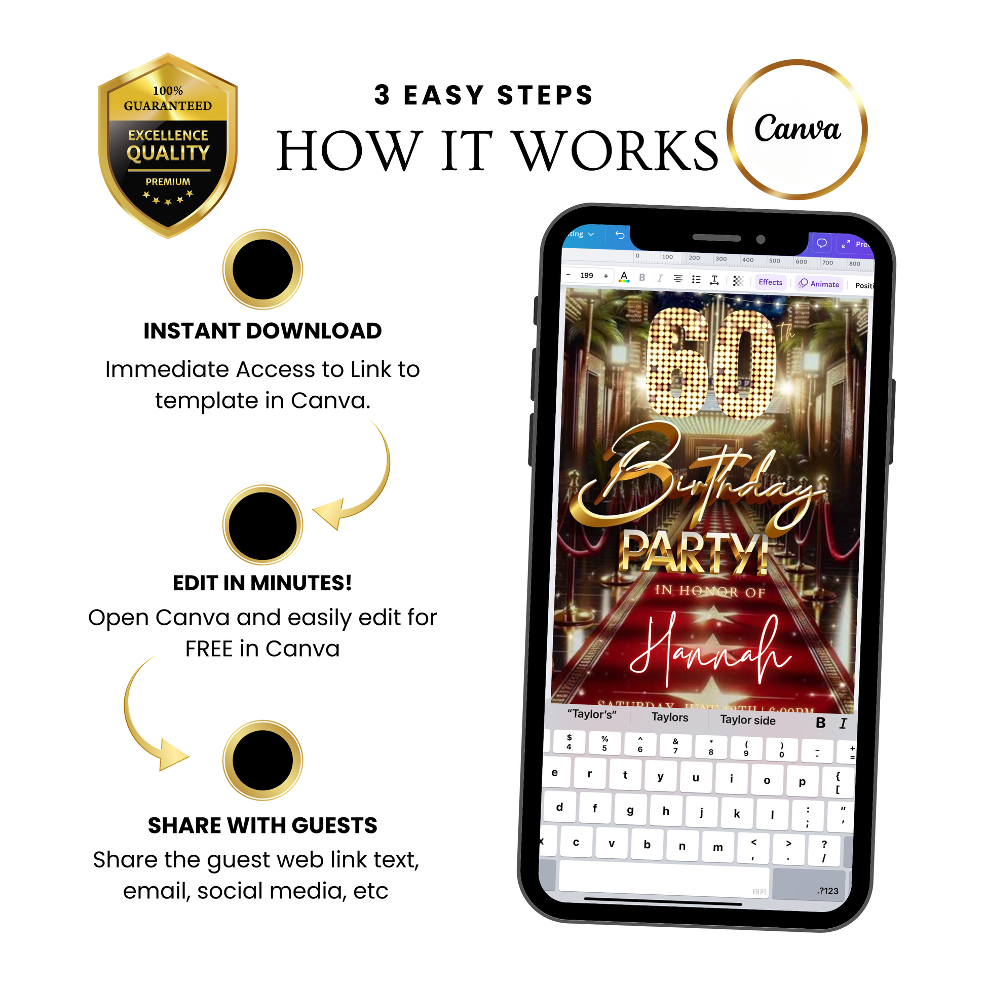 Editable hollywood red carpet 60th birthday birthday video invitation displayed on a mobile phone, featuring an animated vertical digital invite with music, created in Canva. This premium video invitation template is designed for sharing by text, email, and social media and works with an interactive RSVP website for easy guest response tracking.