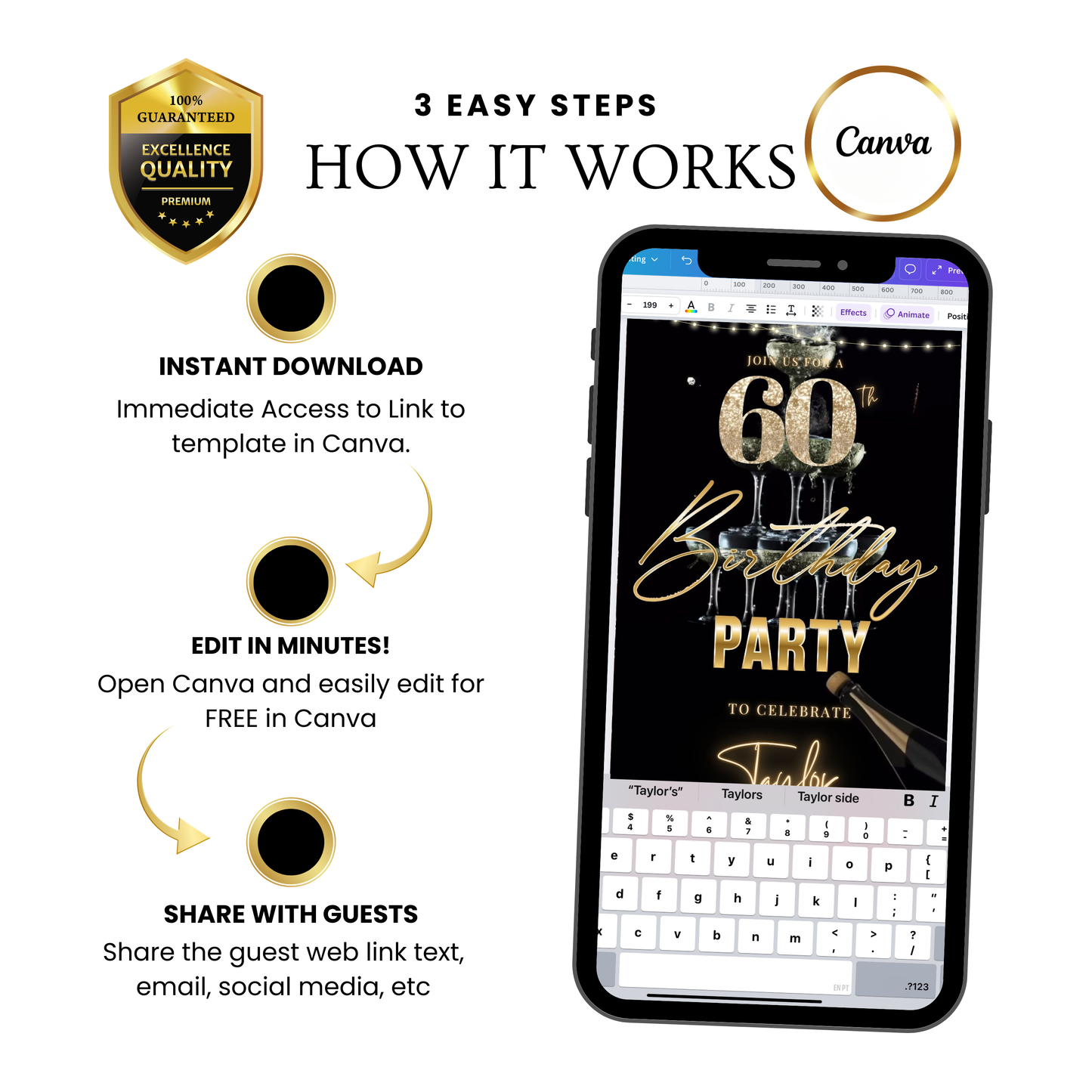 Editable black gold elegant 60th birthday birthday video invitation displayed on a mobile phone, featuring an animated vertical digital invite with music, created in Canva. This premium video invitation template is designed for sharing by text, email, and social media and works with an interactive RSVP website for easy guest response tracking.