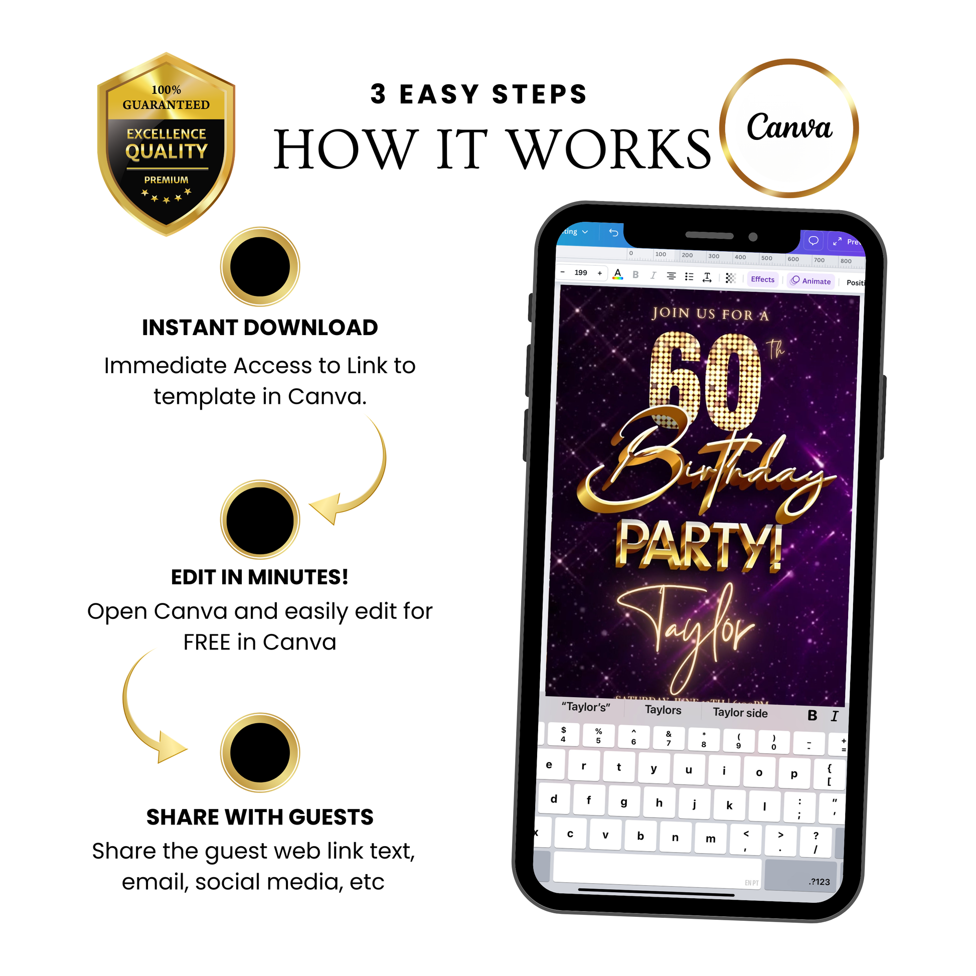 Editable purple gold sparkle 60th birthday birthday video invitation displayed on a mobile phone, featuring an animated vertical digital invite with music, created in Canva. This premium video invitation template is designed for sharing by text, email, and social media and works with an interactive RSVP website for easy guest response tracking.
