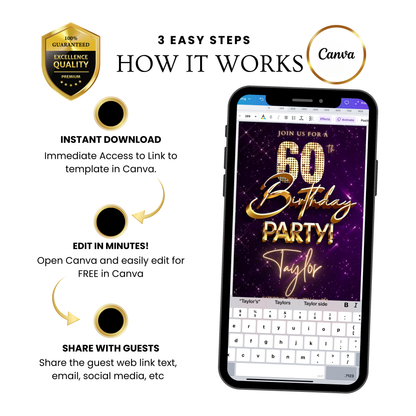 Editable purple gold sparkle 60th birthday birthday video invitation displayed on a mobile phone, featuring an animated vertical digital invite with music, created in Canva. This premium video invitation template is designed for sharing by text, email, and social media and works with an interactive RSVP website for easy guest response tracking.