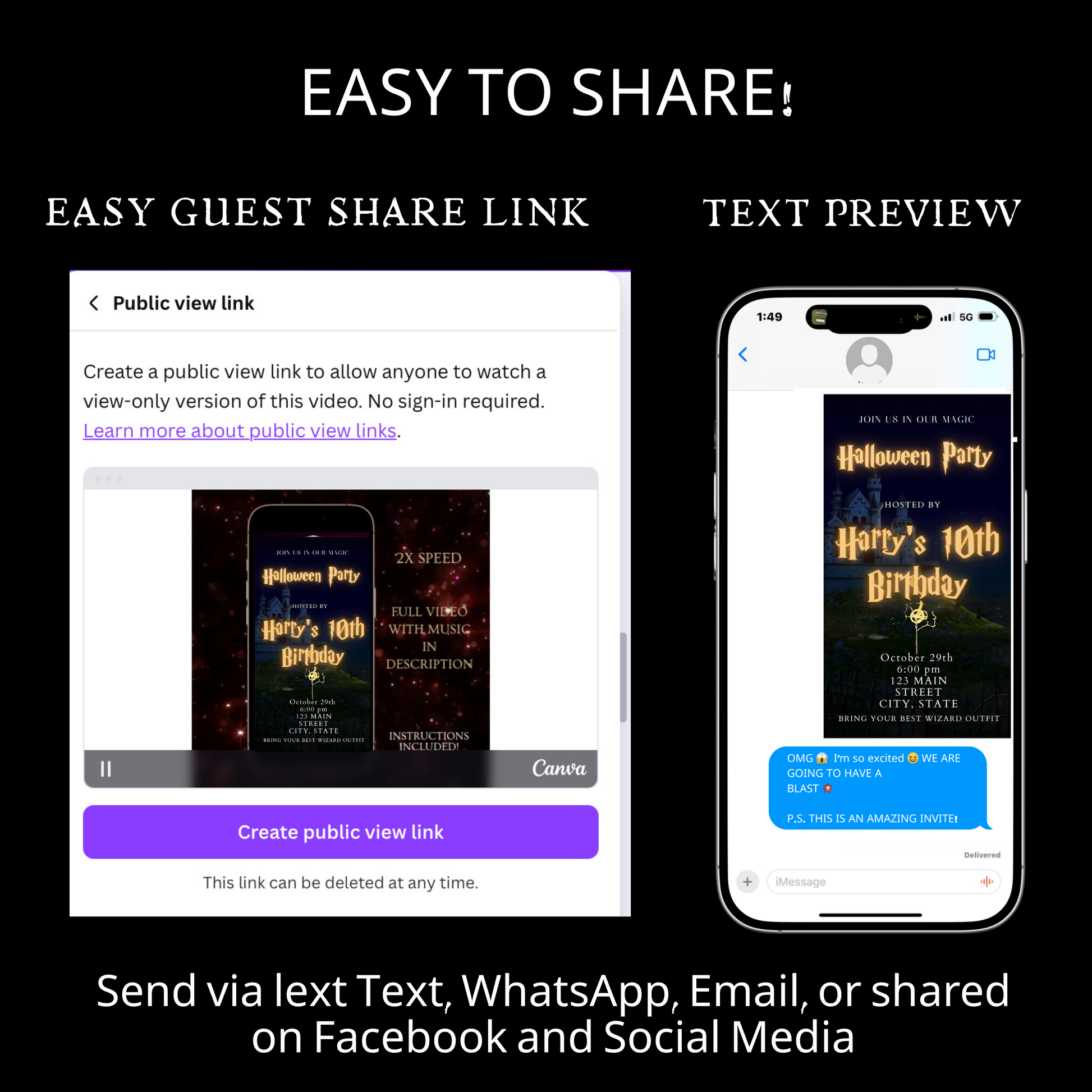 Editable wizard halloween birthday birthday video invitation displayed on a mobile phone, featuring an animated vertical digital invite with music, created in Canva. This premium video invitation template is designed for sharing by text, email, and social media and works with an interactive RSVP website for easy guest response tracking.