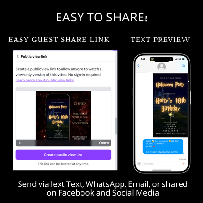 Editable wizard halloween birthday birthday video invitation displayed on a mobile phone, featuring an animated vertical digital invite with music, created in Canva. This premium video invitation template is designed for sharing by text, email, and social media and works with an interactive RSVP website for easy guest response tracking.