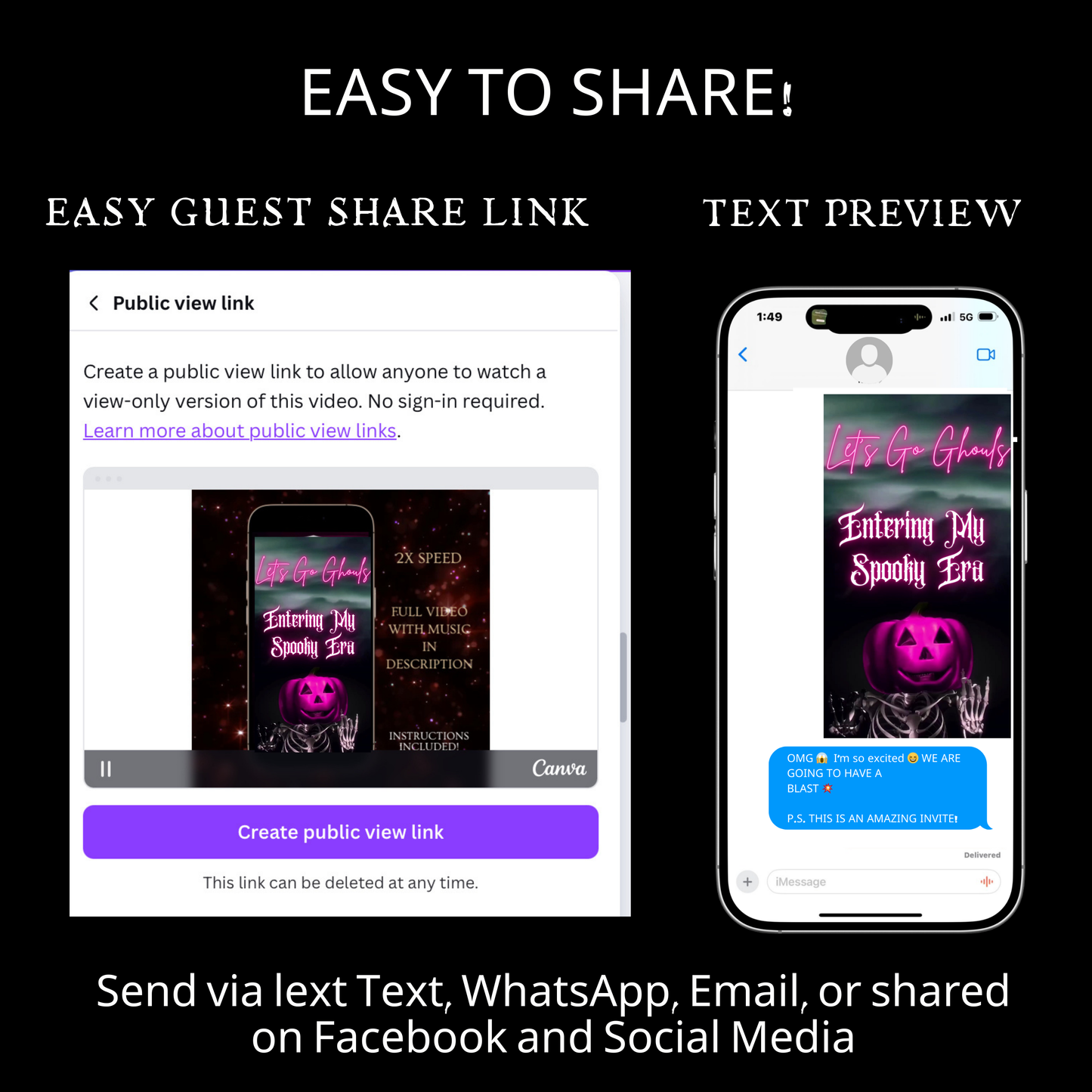 Editable pink spooky halloween party party video invitation displayed on a mobile phone, featuring an animated vertical digital invite with music, created in Canva. This premium video invitation template is designed for sharing by text, email, and social media and works with an interactive RSVP website for easy guest response tracking.