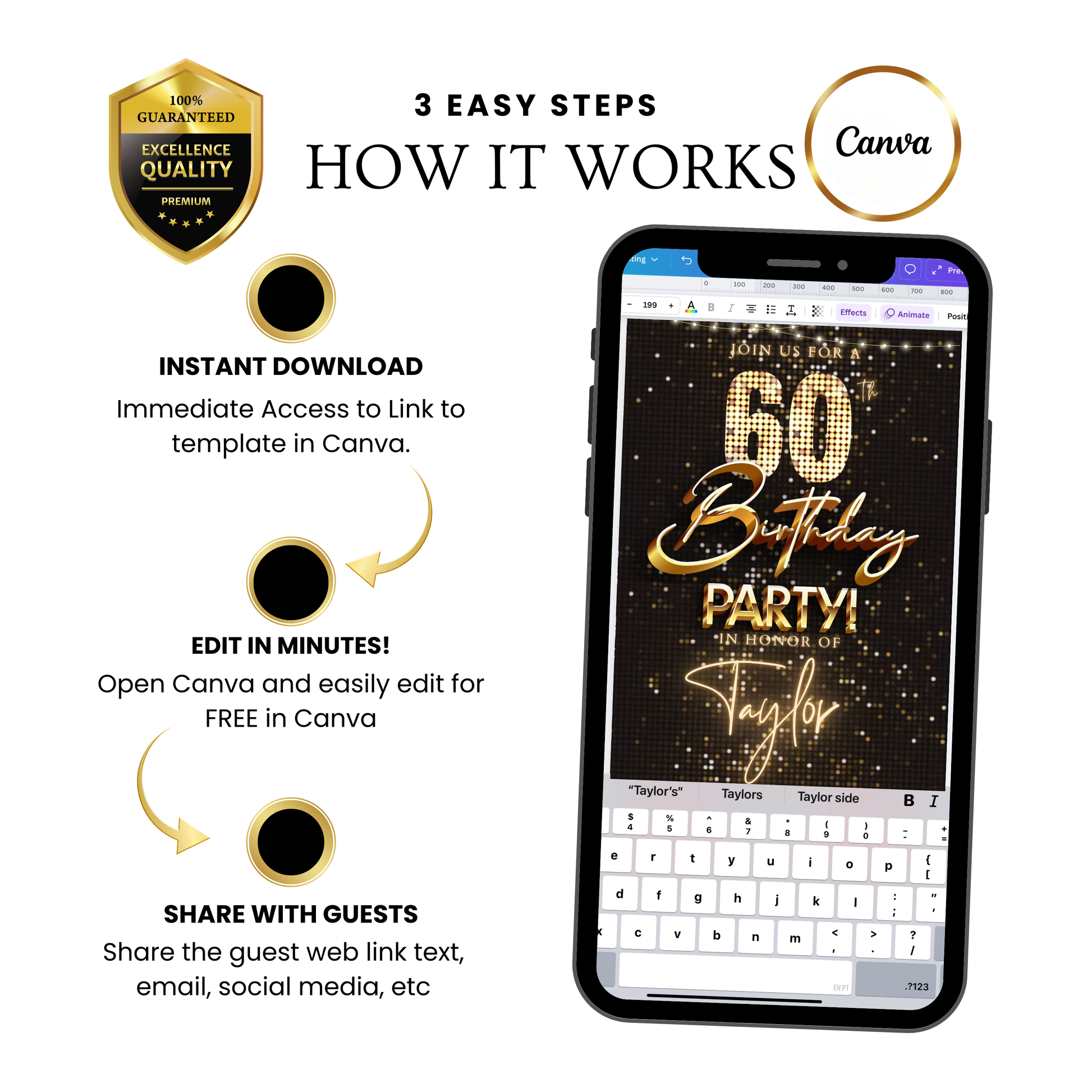 Editable gold party lights 60th birthday birthday video invitation displayed on a mobile phone, featuring an animated vertical digital invite with music, created in Canva. This premium video invitation template is designed for sharing by text, email, and social media and works with an interactive RSVP website for easy guest response tracking.
