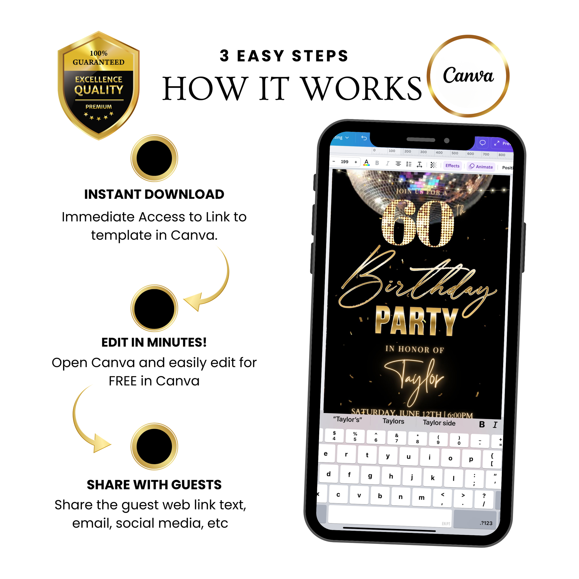 Editable black gold disco 60th birthday birthday video invitation displayed on a mobile phone, featuring an animated vertical digital invite with music, created in Canva. This premium video invitation template is designed for sharing by text, email, and social media and works with an interactive RSVP website for easy guest response tracking.
