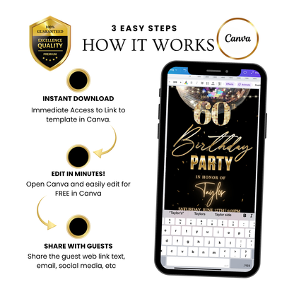 Editable black gold disco 60th birthday birthday video invitation displayed on a mobile phone, featuring an animated vertical digital invite with music, created in Canva. This premium video invitation template is designed for sharing by text, email, and social media and works with an interactive RSVP website for easy guest response tracking.