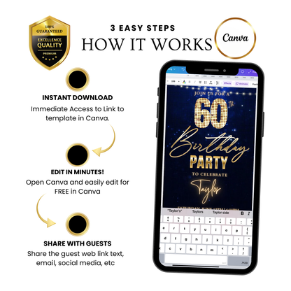 Editable royal blue gold sparkle 60th birthday birthday video invitation displayed on a mobile phone, featuring an animated vertical digital invite with music, created in Canva. This premium video invitation template is designed for sharing by text, email, and social media and works with an interactive RSVP website for easy guest response tracking.