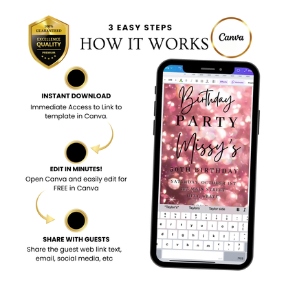 Editable rose gold bokeh 50th birthday birthday video invitation displayed on a mobile phone, featuring an animated vertical digital invite with music, created in Canva. This premium video invitation template is designed for sharing by text, email, and social media and works with an interactive RSVP website for easy guest response tracking.