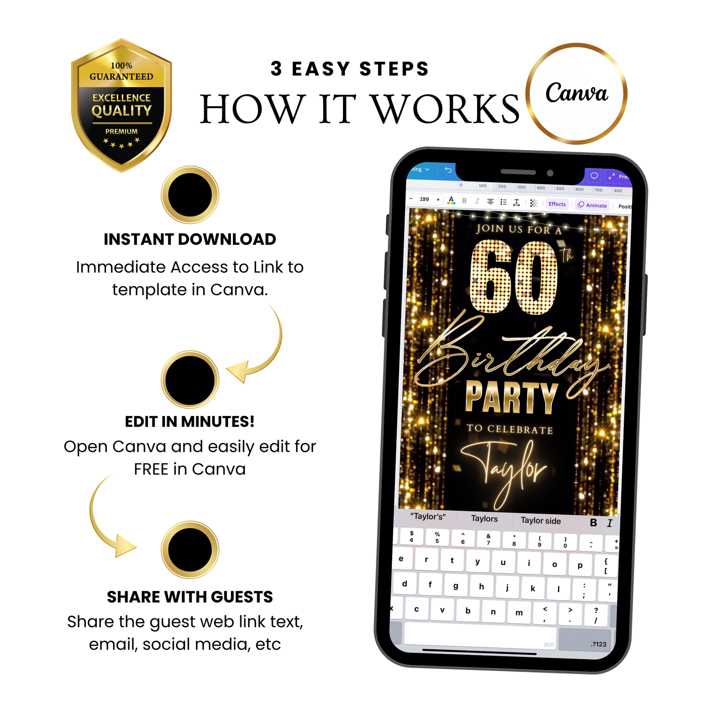 Editable gold glitter curtain 60th birthday birthday video invitation displayed on a mobile phone, featuring an animated vertical digital invite with music, created in Canva. This premium video invitation template is designed for sharing by text, email, and social media and works with an interactive RSVP website for easy guest response tracking.