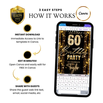 Editable gold glitter curtain 60th birthday birthday video invitation displayed on a mobile phone, featuring an animated vertical digital invite with music, created in Canva. This premium video invitation template is designed for sharing by text, email, and social media and works with an interactive RSVP website for easy guest response tracking.