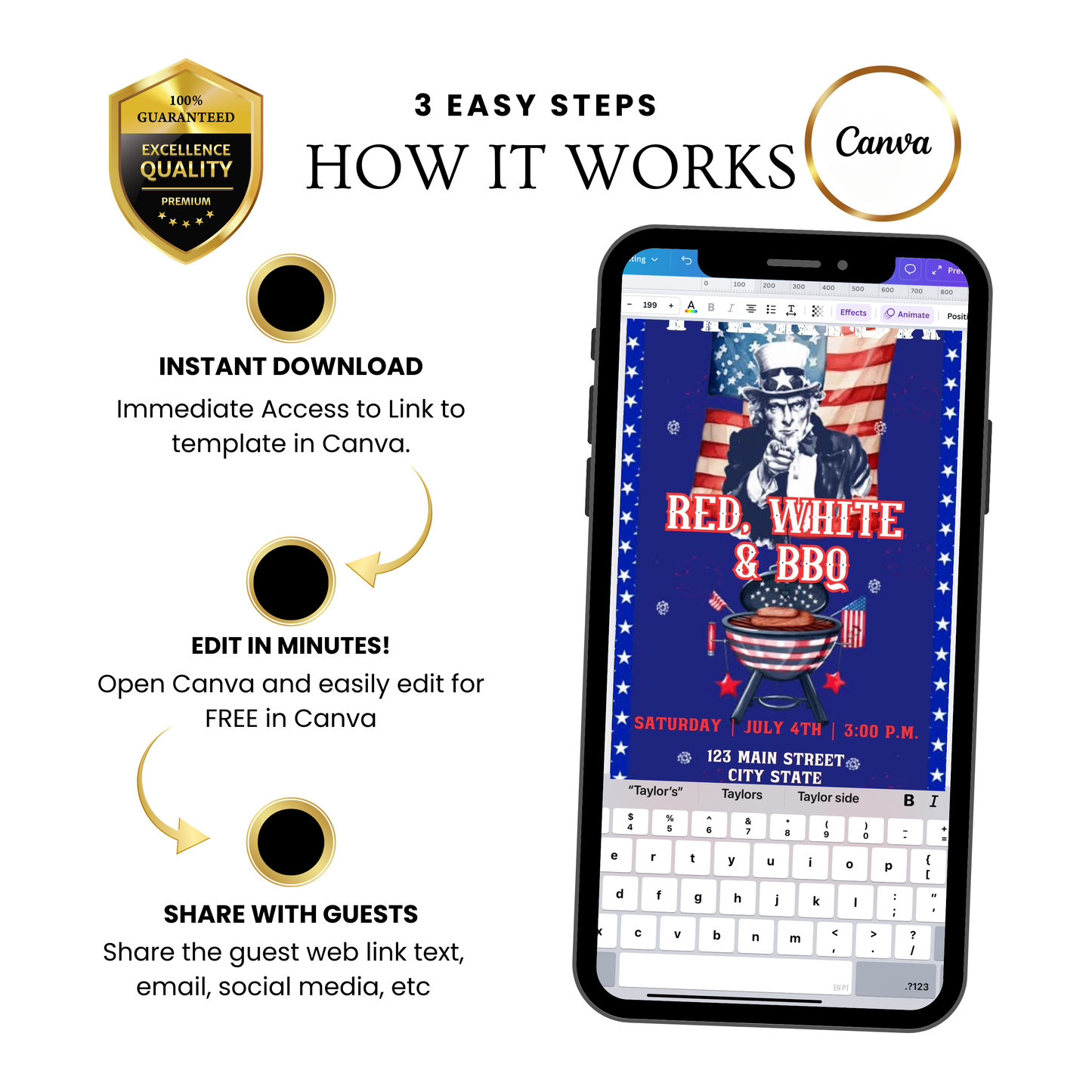 Editable red white blue bbq party party video invitation displayed on a mobile phone, featuring an animated vertical digital invite with music, created in Canva. This premium video invitation template is designed for sharing by text, email, and social media and works with an interactive RSVP website for easy guest response tracking.