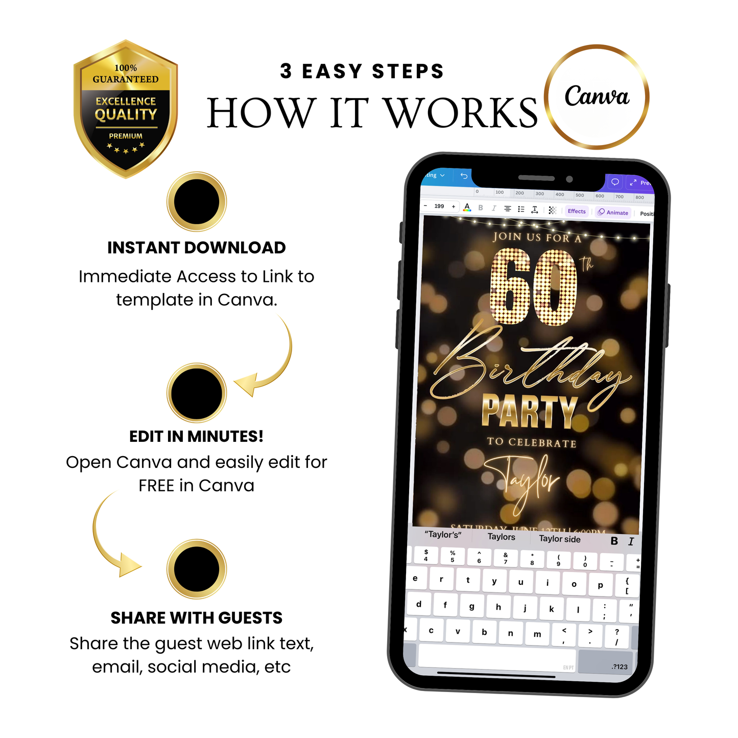 Editable gold bokeh lights 60th birthday birthday video invitation displayed on a mobile phone, featuring an animated vertical digital invite with music, created in Canva. This premium video invitation template is designed for sharing by text, email, and social media and works with an interactive RSVP website for easy guest response tracking.