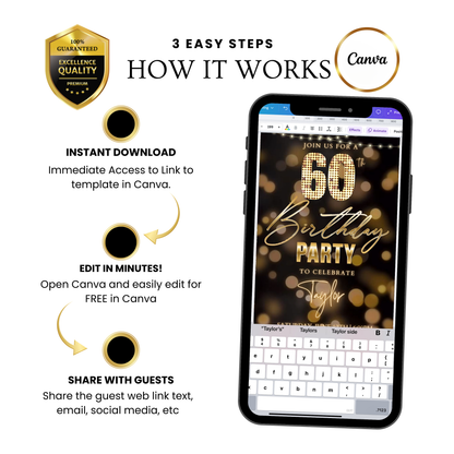 Editable gold bokeh lights 60th birthday birthday video invitation displayed on a mobile phone, featuring an animated vertical digital invite with music, created in Canva. This premium video invitation template is designed for sharing by text, email, and social media and works with an interactive RSVP website for easy guest response tracking.