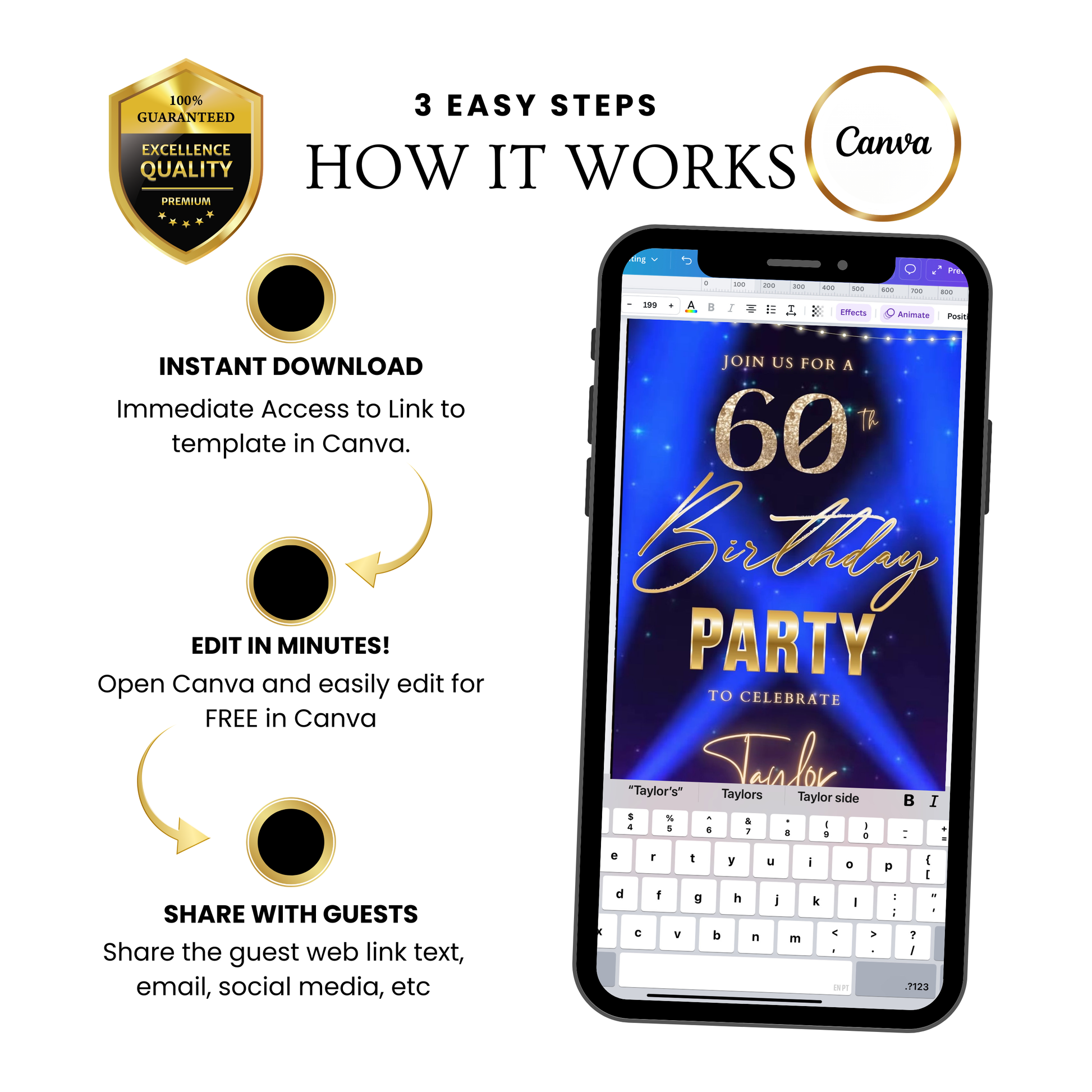 Editable blue purple spotlight 60th birthday birthday video invitation displayed on a mobile phone, featuring an animated vertical digital invite with music, created in Canva. This premium video invitation template is designed for sharing by text, email, and social media and works with an interactive RSVP website for easy guest response tracking.
