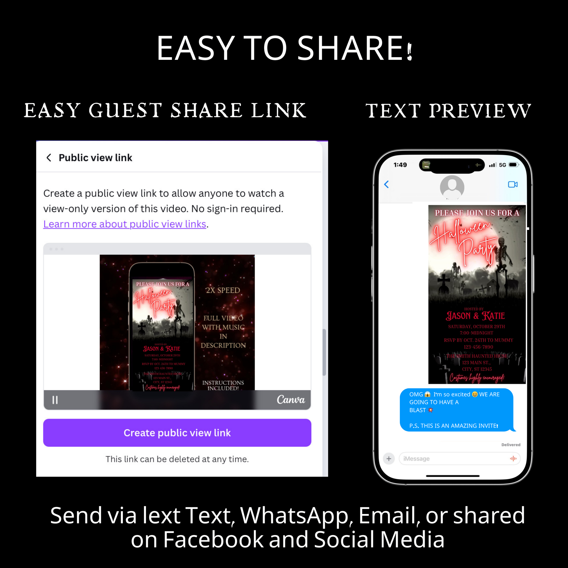 Editable graveyard halloween party party video invitation displayed on a mobile phone, featuring an animated vertical digital invite with music, created in Canva. This premium video invitation template is designed for sharing by text, email, and social media and works with an interactive RSVP website for easy guest response tracking.