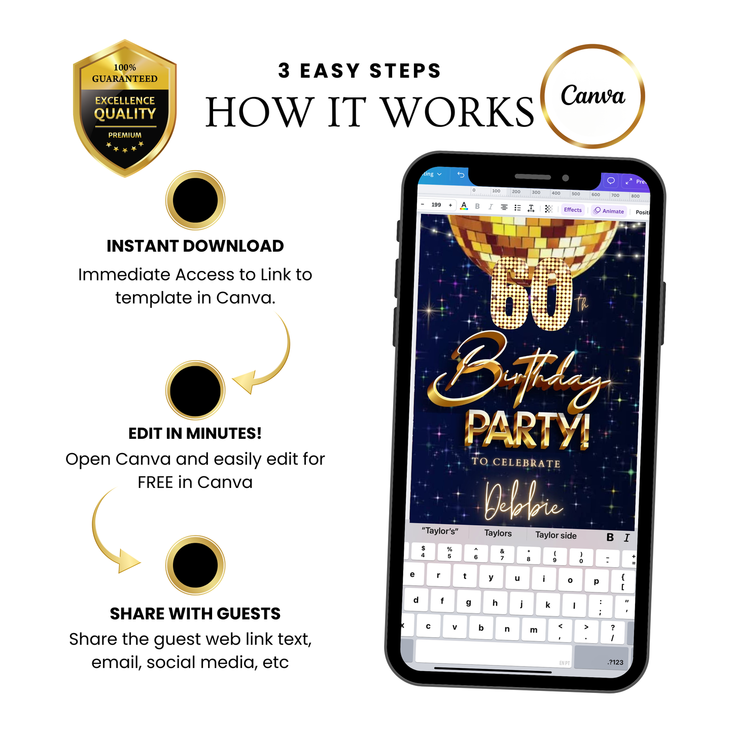 Editable retro disco ball 60th birthday birthday video invitation displayed on a mobile phone, featuring an animated vertical digital invite with music, created in Canva. This premium video invitation template is designed for sharing by text, email, and social media and works with an interactive RSVP website for easy guest response tracking.