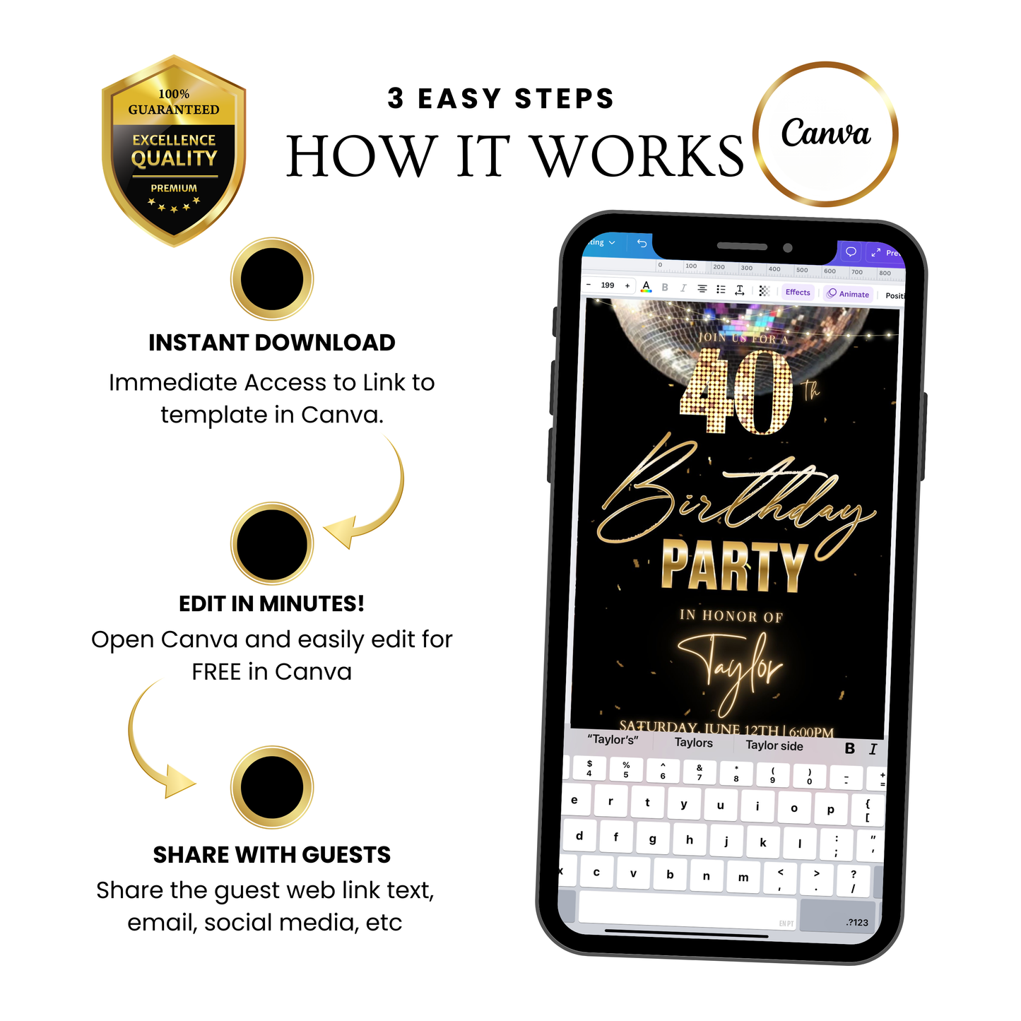 Editable black gold disco 40th birthday birthday video invitation displayed on a mobile phone, featuring an animated vertical digital invite with music, created in Canva. This premium video invitation template is designed for sharing by text, email, and social media and works with an interactive RSVP website for easy guest response tracking.