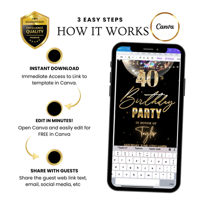 Editable black gold disco 40th birthday birthday video invitation displayed on a mobile phone, featuring an animated vertical digital invite with music, created in Canva. This premium video invitation template is designed for sharing by text, email, and social media and works with an interactive RSVP website for easy guest response tracking.