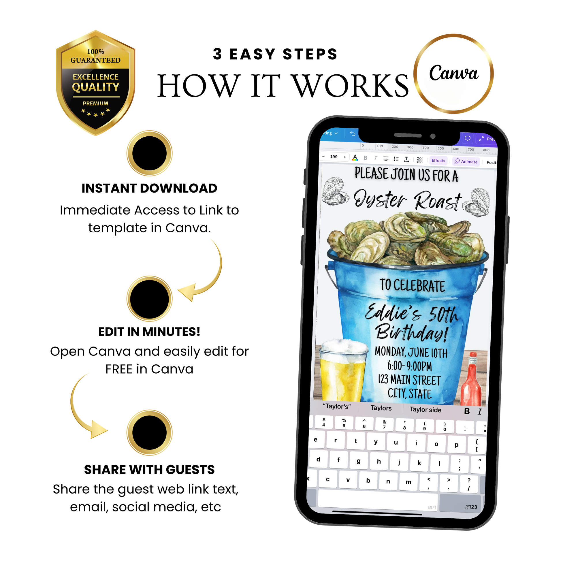 Editable oyster roast birthday party birthday video invitation displayed on a mobile phone, featuring an animated vertical digital invite with music, created in Canva. This premium video invitation template is designed for sharing by text, email, and social media and works with an interactive RSVP website for easy guest response tracking.