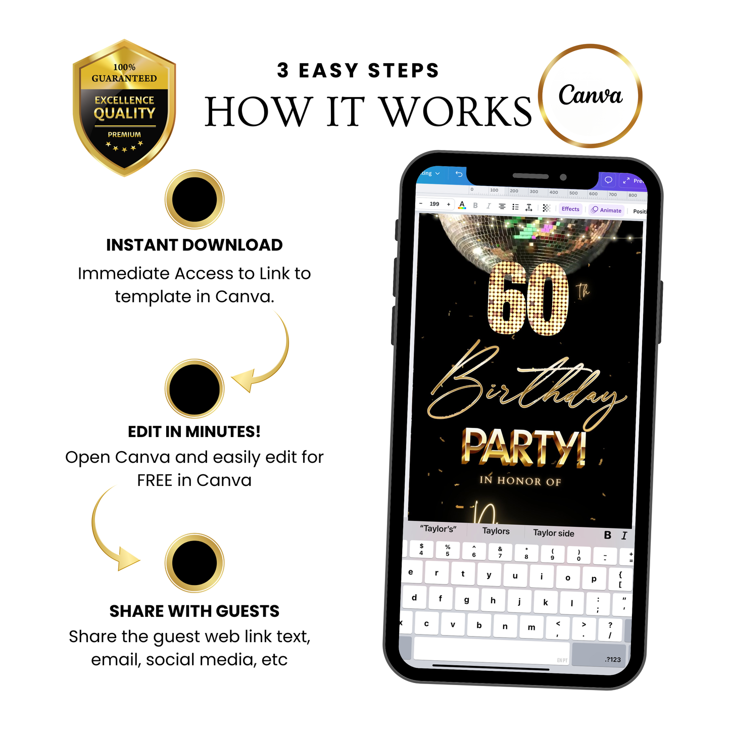 Editable disco ball gold 60th birthday birthday video invitation displayed on a mobile phone, featuring an animated vertical digital invite with music, created in Canva. This premium video invitation template is designed for sharing by text, email, and social media and works with an interactive RSVP website for easy guest response tracking.