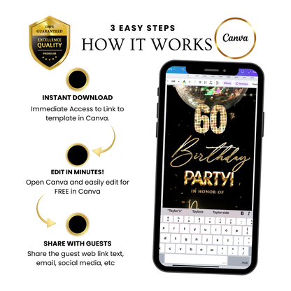 Editable disco ball gold 60th birthday birthday video invitation displayed on a mobile phone, featuring an animated vertical digital invite with music, created in Canva. This premium video invitation template is designed for sharing by text, email, and social media and works with an interactive RSVP website for easy guest response tracking.