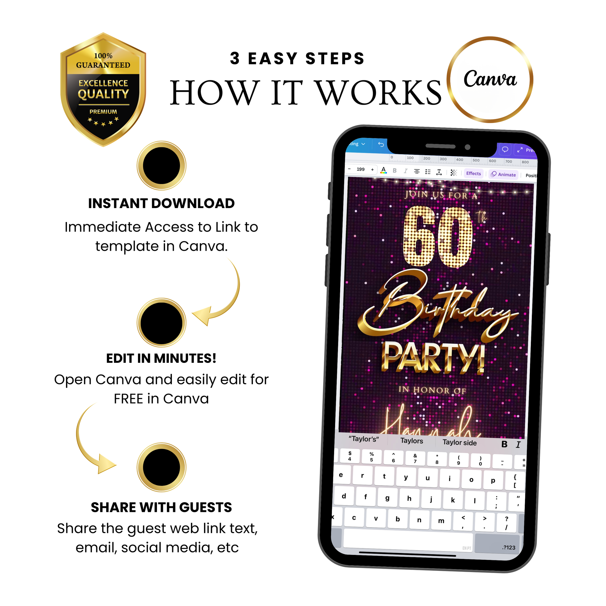 Editable violet gold sequin 60th birthday birthday video invitation displayed on a mobile phone, featuring an animated vertical digital invite with music, created in Canva. This premium video invitation template is designed for sharing by text, email, and social media and works with an interactive RSVP website for easy guest response tracking.