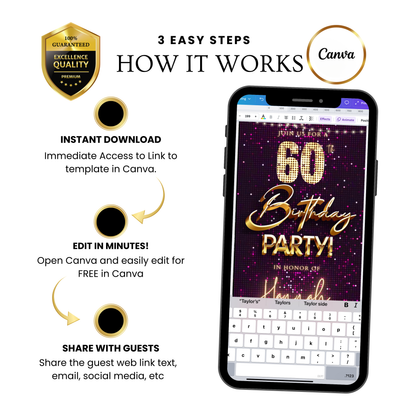 Editable violet gold sequin 60th birthday birthday video invitation displayed on a mobile phone, featuring an animated vertical digital invite with music, created in Canva. This premium video invitation template is designed for sharing by text, email, and social media and works with an interactive RSVP website for easy guest response tracking.