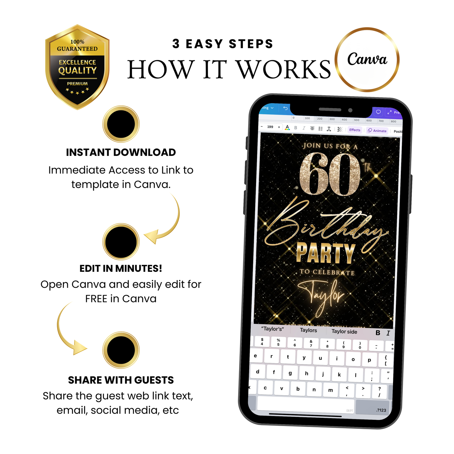 Editable gold sparkle grid 60th birthday birthday video invitation displayed on a mobile phone, featuring an animated vertical digital invite with music, created in Canva. This premium video invitation template is designed for sharing by text, email, and social media and works with an interactive RSVP website for easy guest response tracking.