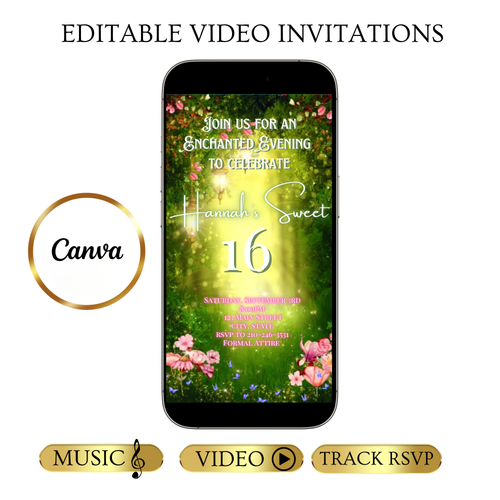 Enchanted Forest Video Invitation | Animated Fairy Garden birthday invite | Digital Canva Template