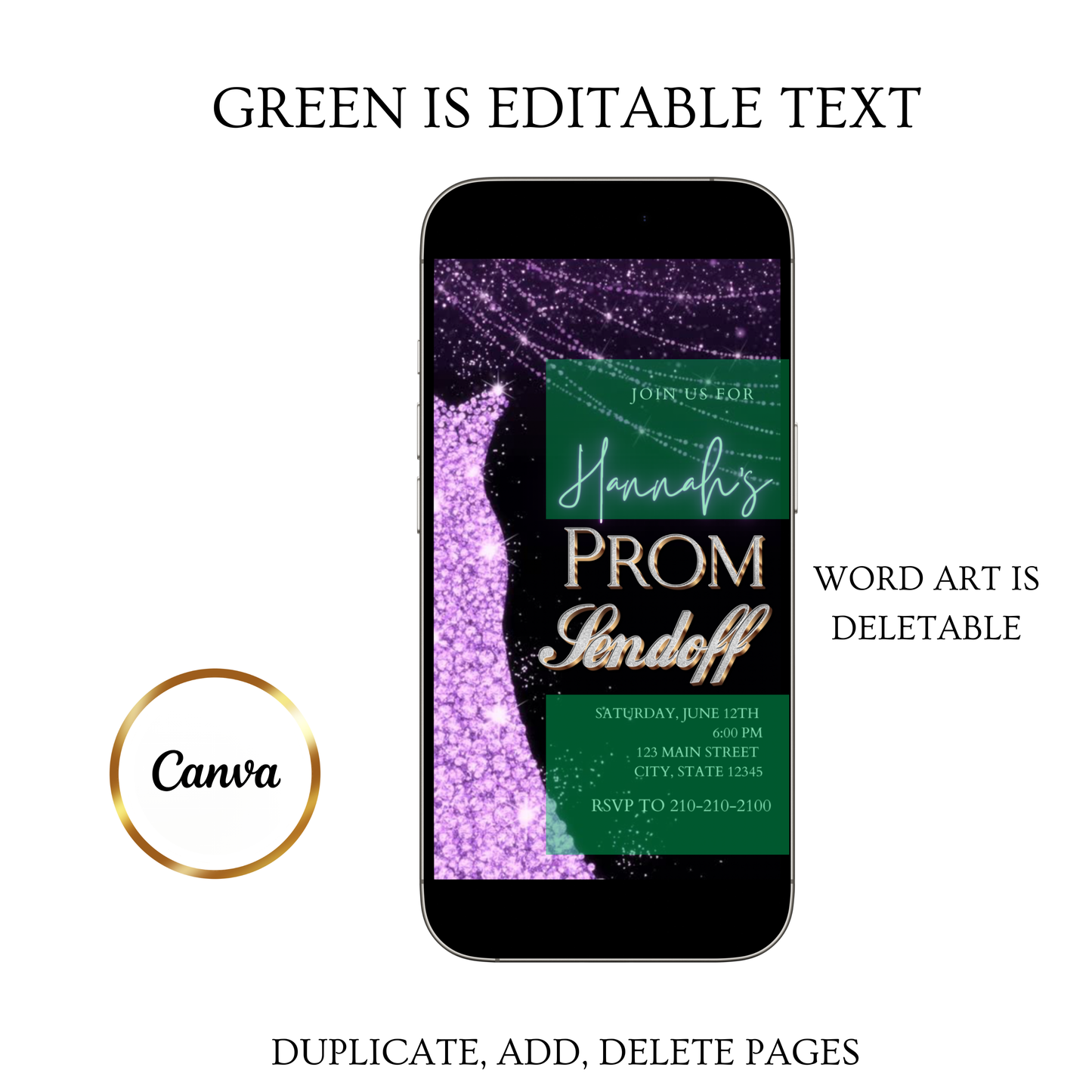 Purple Prom Send Off Video Invitation – Editable Canva Animated Invite