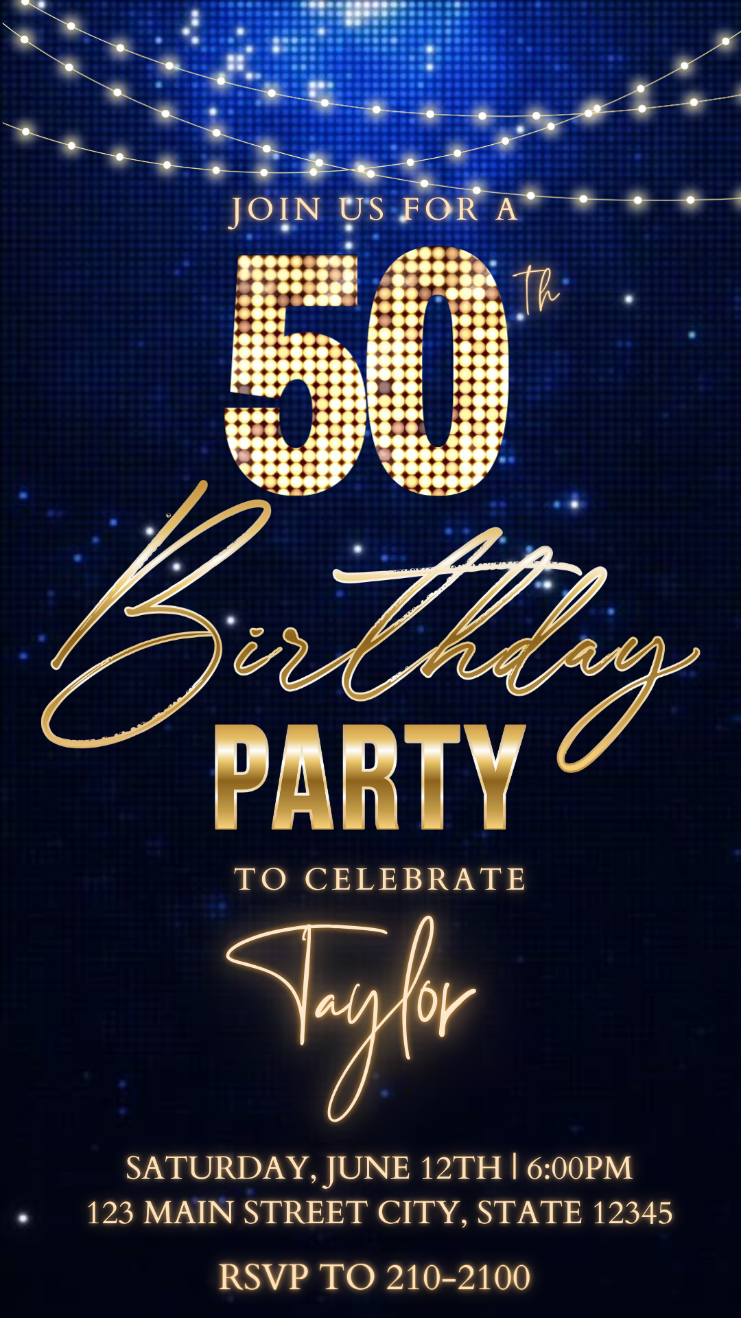 Editable gold disco ball 50th birthday video invitation displayed on a mobile phone, featuring an animated vertical digital invite with music, created in Canva. This premium video invitation template is designed for sharing by text, email, and social media and works with an interactive RSVP website for easy guest response tracking.