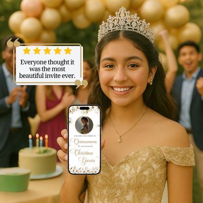 White and Gold Quinceañera Invitation | Royal Princess Video Invite with RSVP Website | Editable Canva Template | Elegant Gold Dress Sweet 16 Digital Evite