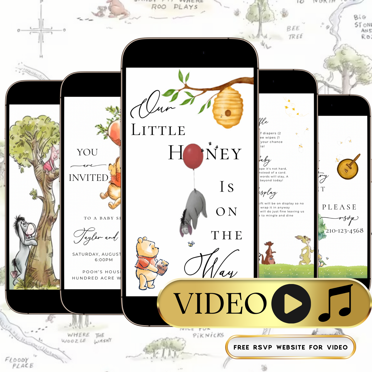 Klassische Winnie-Puuh-Babyparty-Videoeinladung | Geschlechtsneutrales Design | Digitale Babyparty-Einladung | Online-Vorlage zum Bearbeiten