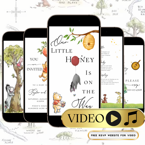 Klassische Winnie-Puuh-Babyparty-Videoeinladung | Geschlechtsneutrales Design | Digitale Babyparty-Einladung | Online-Vorlage zum Bearbeiten