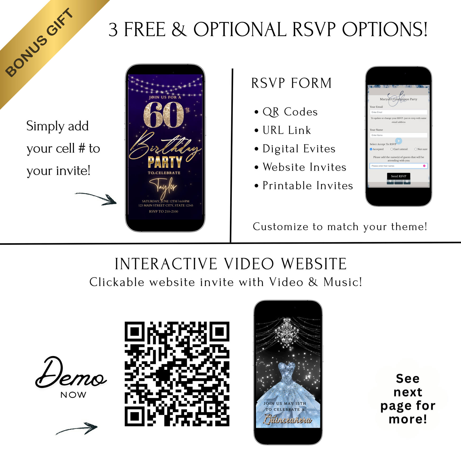 Editable purple gold starry 60th birthday birthday video invitation displayed on a mobile phone, featuring an animated vertical digital invite with music, created in Canva. This premium video invitation template is designed for sharing by text, email, and social media and works with an interactive RSVP website for easy guest response tracking.