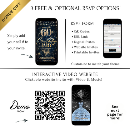 Editable teal gold sparkle 60th birthday birthday video invitation displayed on a mobile phone, featuring an animated vertical digital invite with music, created in Canva. This premium video invitation template is designed for sharing by text, email, and social media and works with an interactive RSVP website for easy guest response tracking.